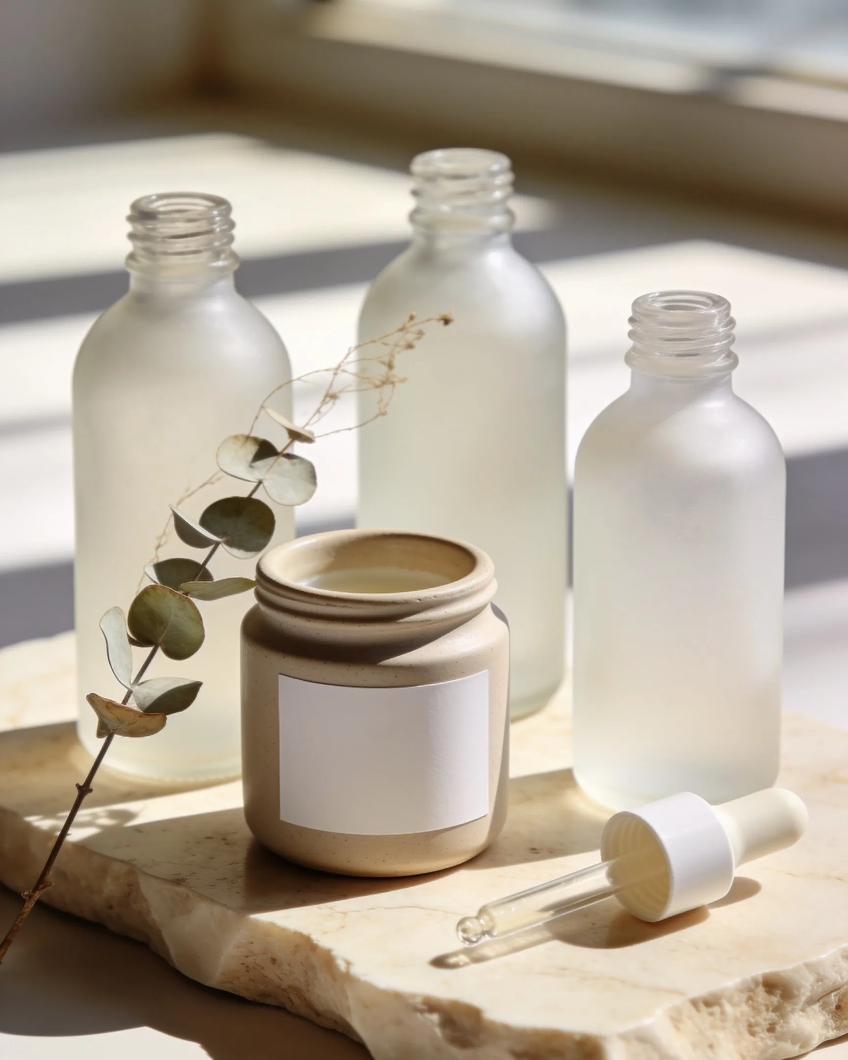 Skincare products on travertine